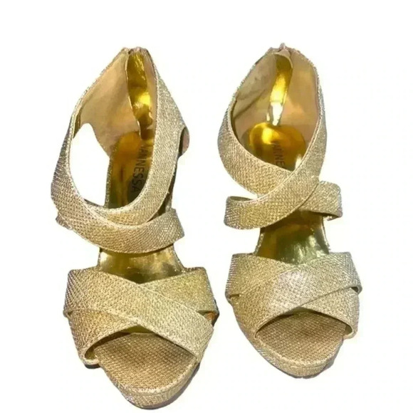 GOLD STRAPPY GLITTER HIGH HEELED SANDALS - Picture 1 of 11